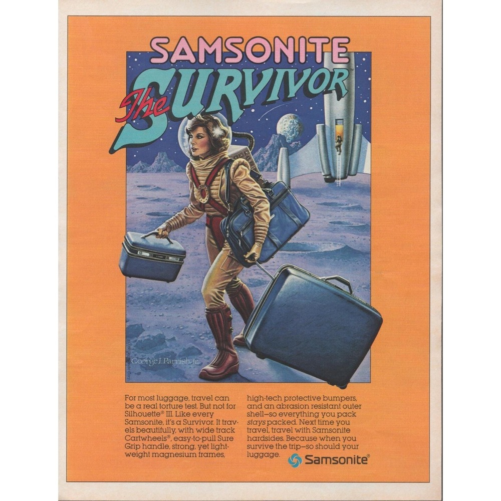 Samsonite Silhouette III Survivor Artist George Parrish Jr. Print Ad 1983